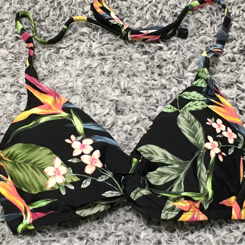 Kona Sol Black Floral S Twist-Front Halter Removable Cups Tie-Back Bikini Top - Picture 7 of 8